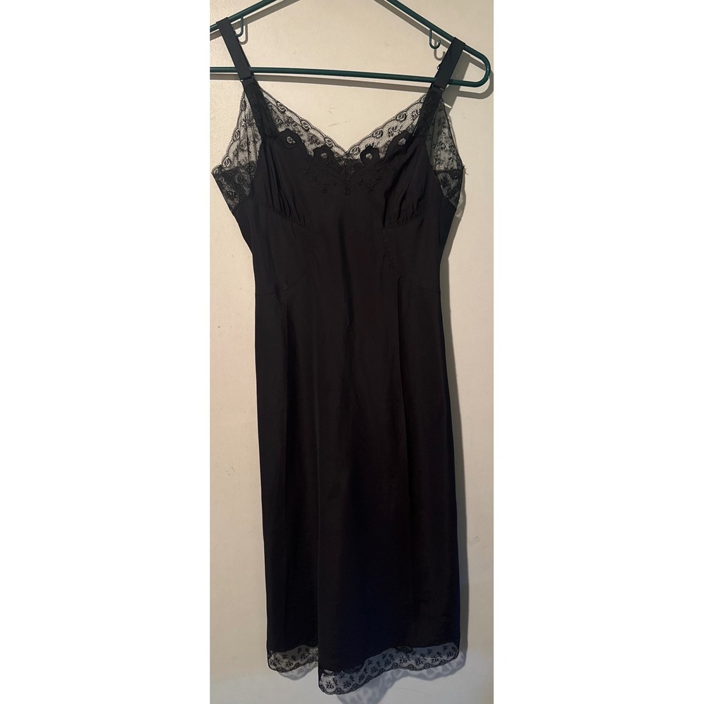 Vtg Barbizon Slip Dress Black Lace Trim Remarque 50's Little Miss Sz S Petite